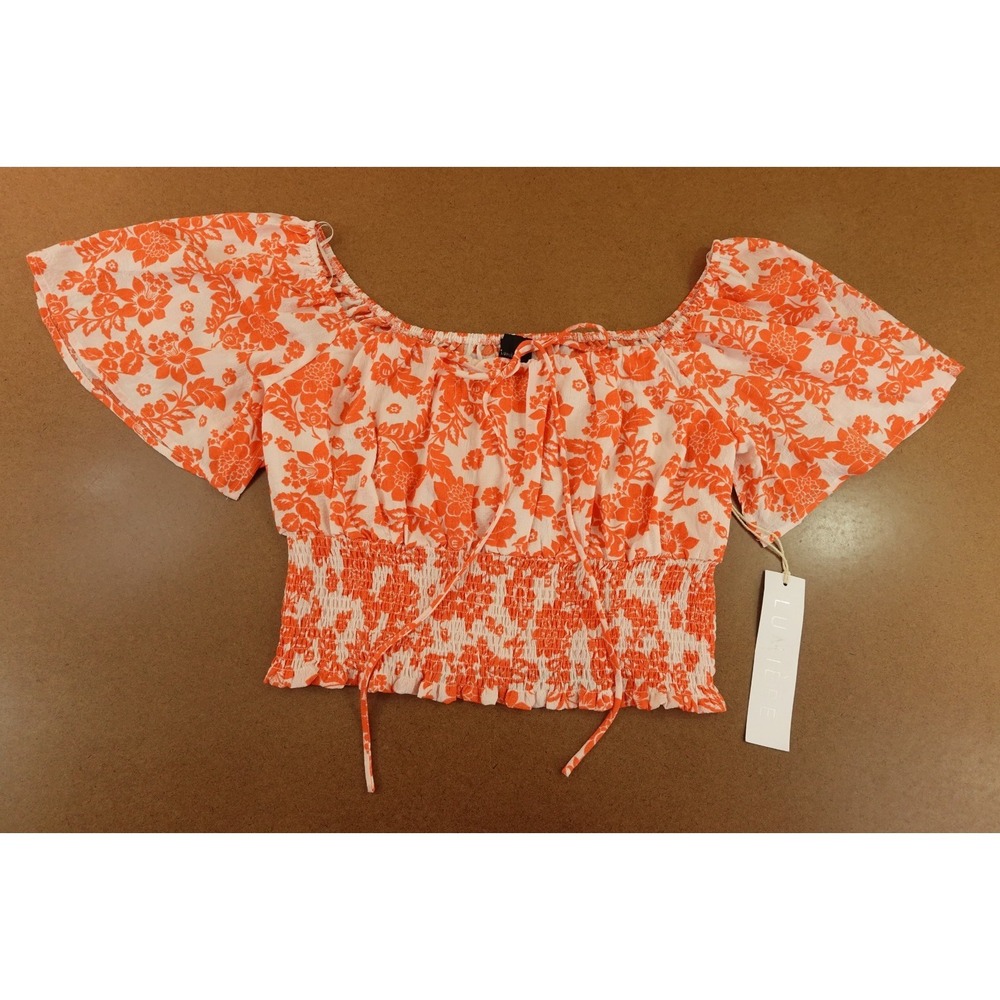 Lumiere Womens Large Orange White Floral Smocked Stretch Tie Neck Crop Top NWT